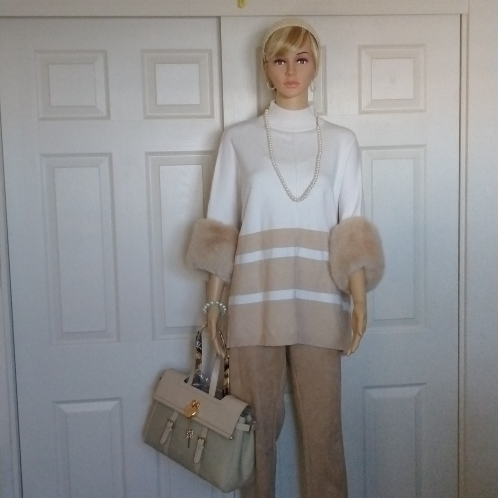 Saks Fifth Ave faux fur sleeve sweater poncho